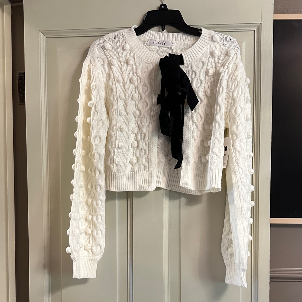 White Cable Knit Sweater with Black Bow